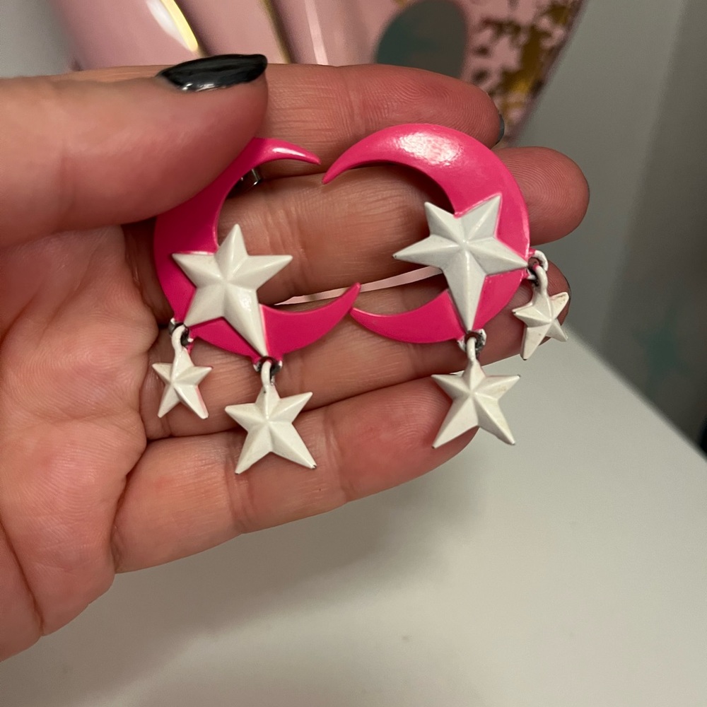Pink and White Moon and Stars Earrings, 80s